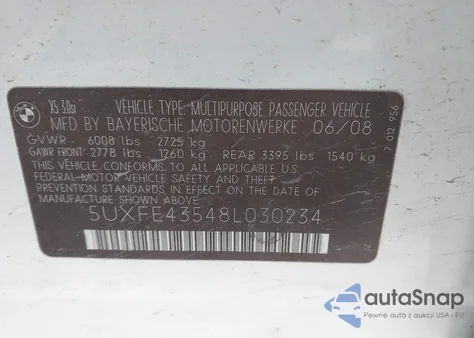 2008 BMW X5 3.0Si z USA, uszkodzony, nr VIN 5UXFE43548L030234